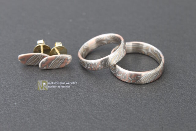 SS9 Mokume Gane Trauringe und Ohrstecker