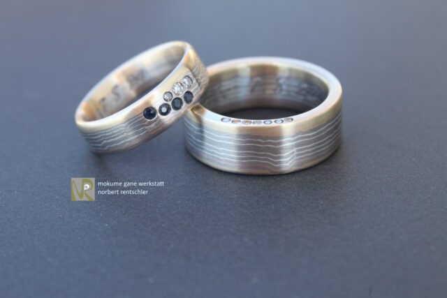 E83 Mokume Gane Trauringe verschiedene Edelsteine
