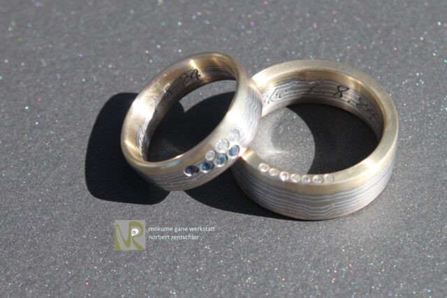 E83 Mokume Gane Trauringe verschiedene Edelsteine