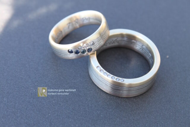 E83 Mokume Gane Trauringe verschiedene Edelsteine