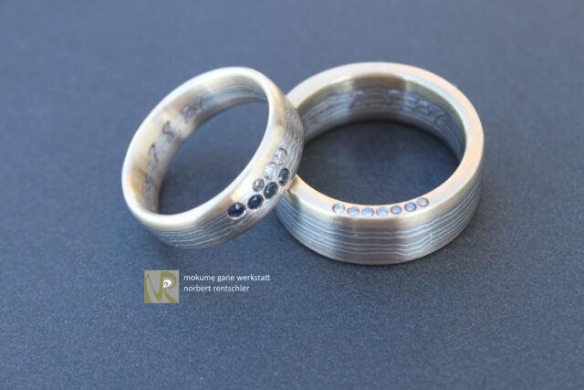 E83 Mokume Gane Trauringe verschiedene Edelsteine