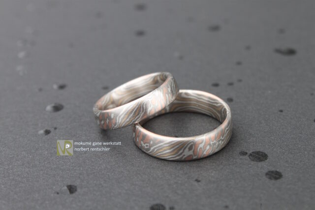G4F254 Mokume Gane Trauringe 4 verschiedene Edelmetalle