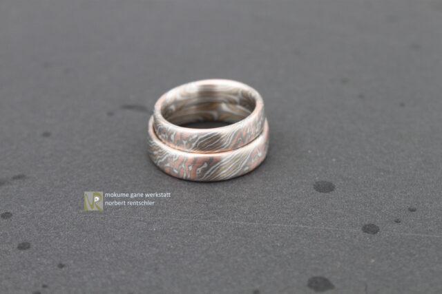 G4F254 Mokume Gane Trauringe 4 verschiedene Edelmetalle