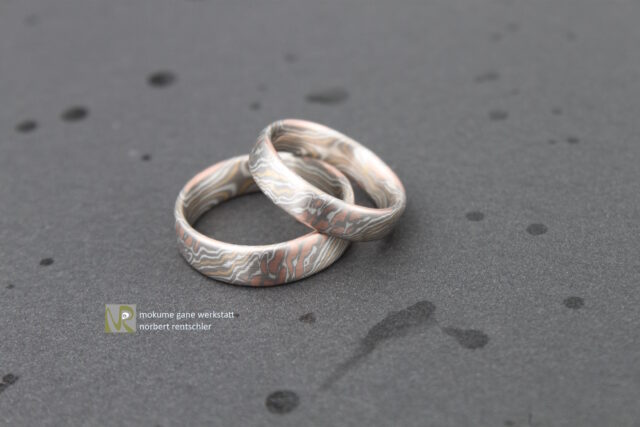 G4F254 Mokume Gane Trauringe 4 verschiedene Edelmetalle