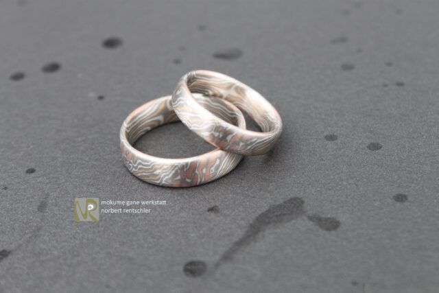 G4F254 Mokume Gane Trauringe 4 verschiedene Edelmetalle