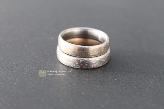 G4F247 Mokume Gane Trauringe Gelb und Grau