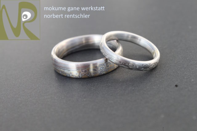 G4F248 Trauringe Mokume Gane zweierlei