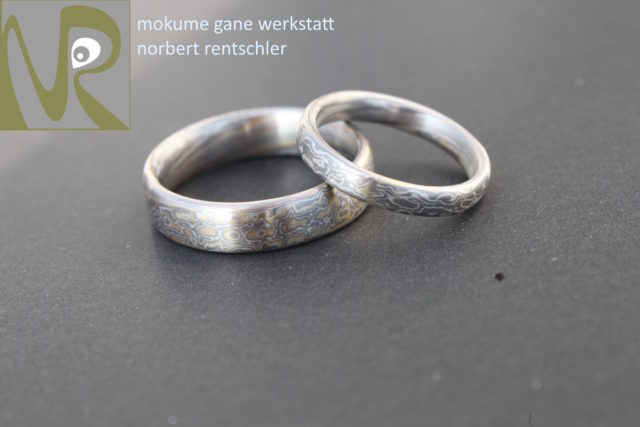 G4F248 Trauringe Mokume Gane zweierlei